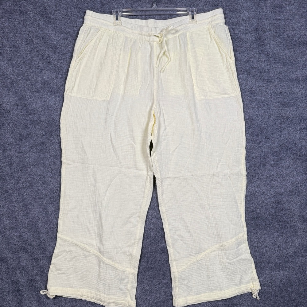 Peace Love World Plus Size 1X Pants Cream Washed Cotton Gauze Hem Detail Drapey